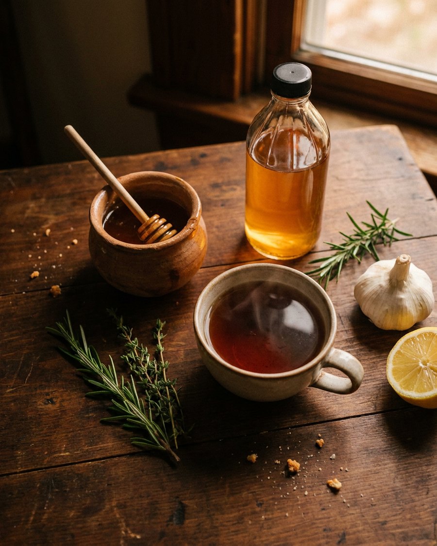 Ingrediente de leac din bucătărie: usturoi, lămâie, miere, oțet de mere, plante